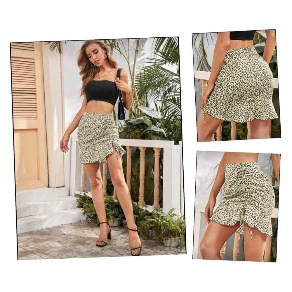 SHEIN Mini Skirt Size L 8/10 Leopard Ruffle Hem Rouching Animal Print